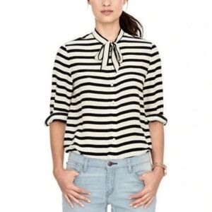 Fossil Silk Tie Neck Striped Blouse Cream Black Size XS